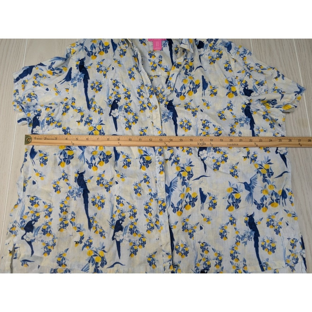 Isaac Mizrahi Women's Linen Button Front Shirt Blue Yellow 1X Floral Birds - Picture 6 of 9